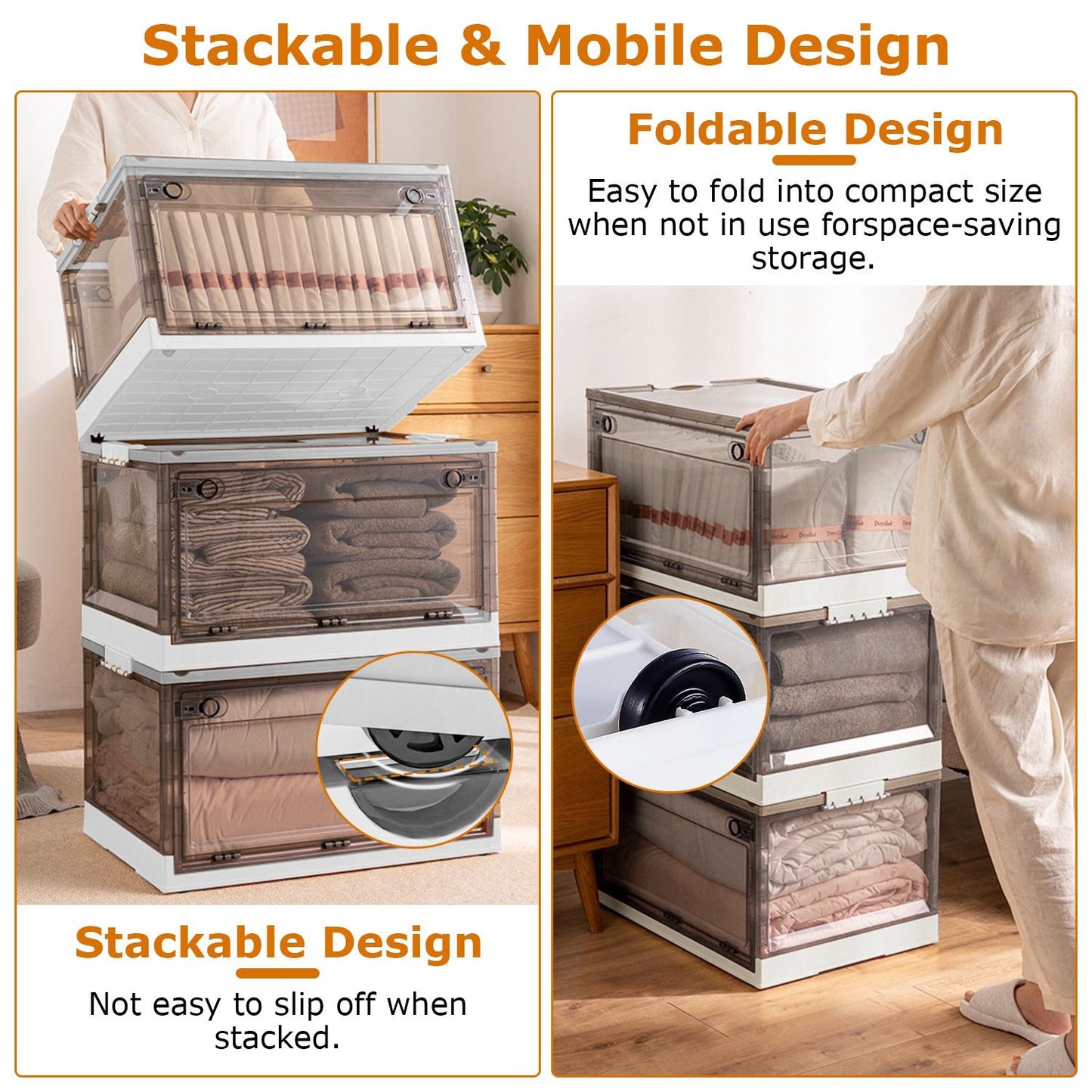 2 Packs Foldable Storage Bins Collapsible Storage Box Organizer Stackable Toy Container with Double Doors Top Lid Rolling Wheels for Clothes Toys Books